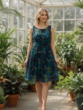 Printed Teal & Navy Sleeveless Midi Dress